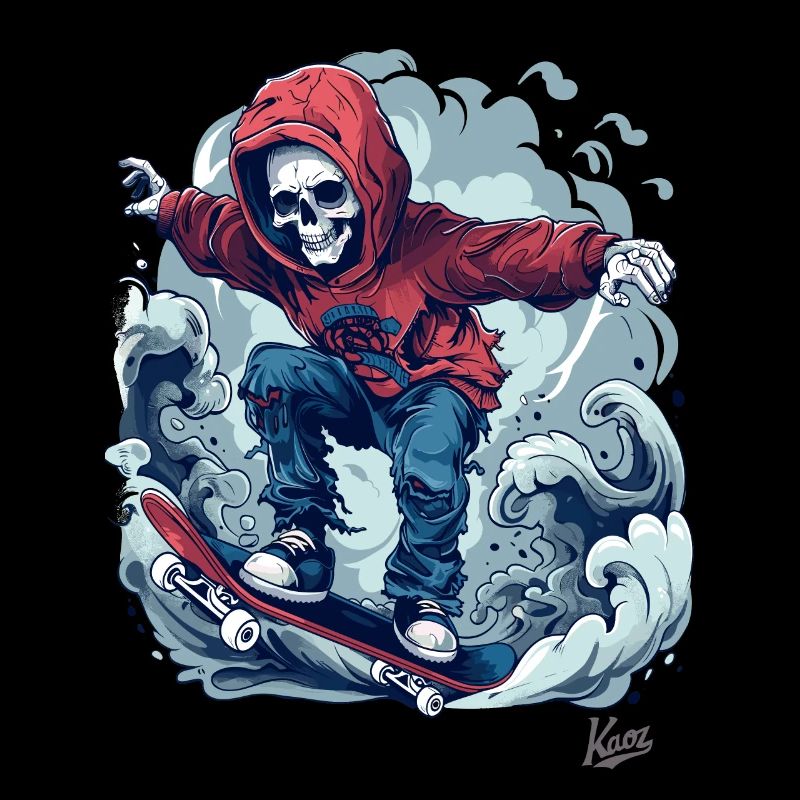 Cool skater skeleton skateboarding in the sky