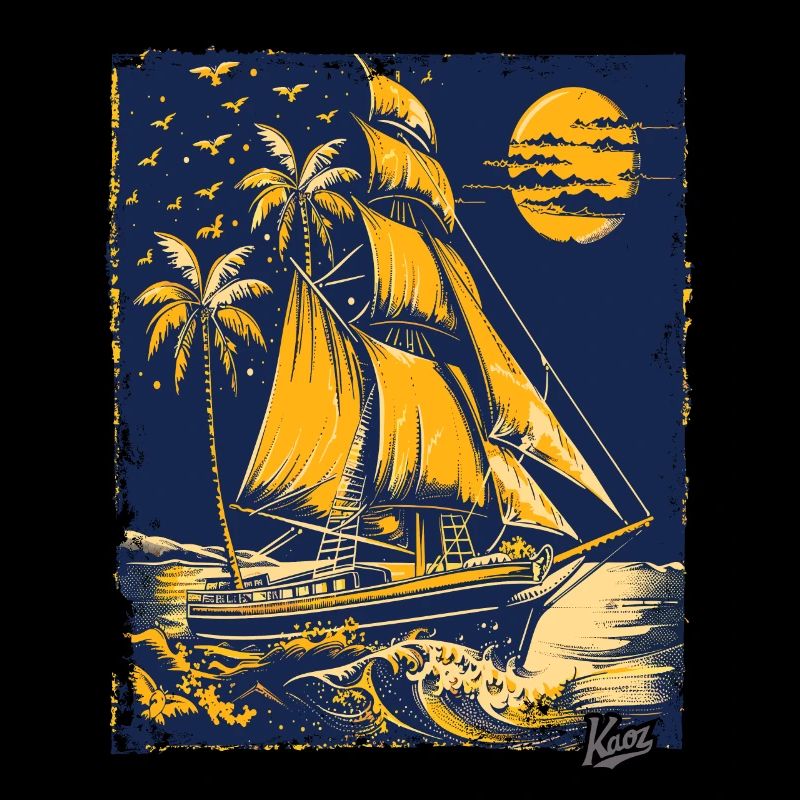 Blue and yellow sailing ship