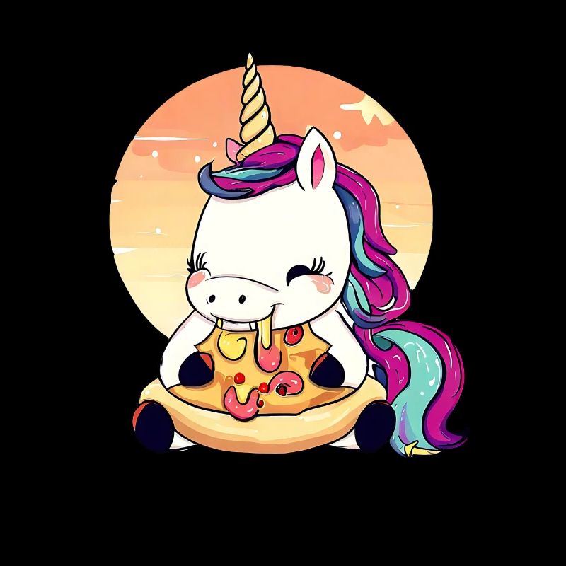 Unicorn eating pizza in sunset