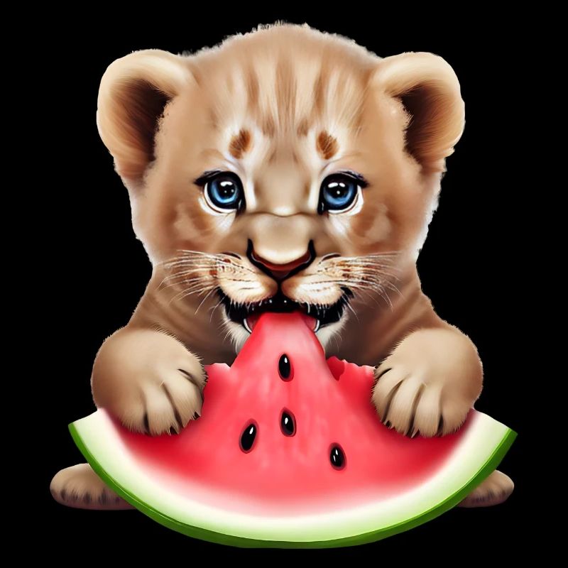 Un bébé lion mange de la pastèque