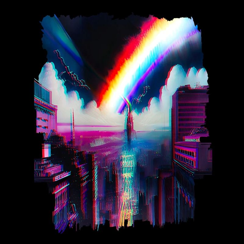 Futuristic cityscape with rainbow art