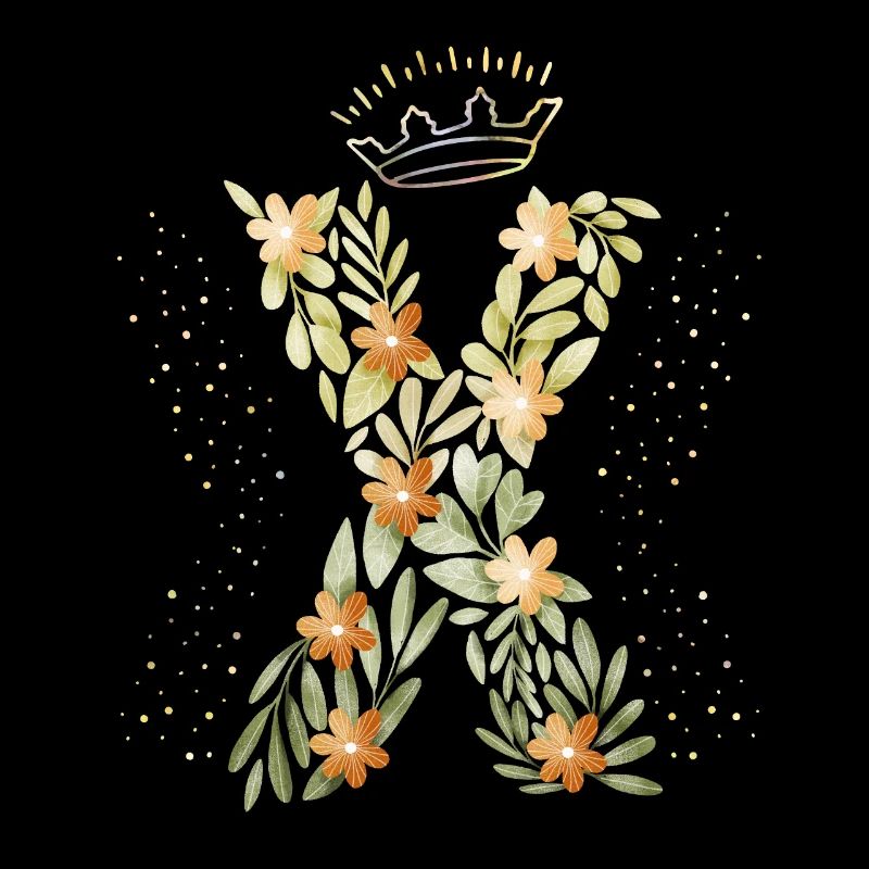 Monogramm Buchstabe X mit Krone, florales Ornament