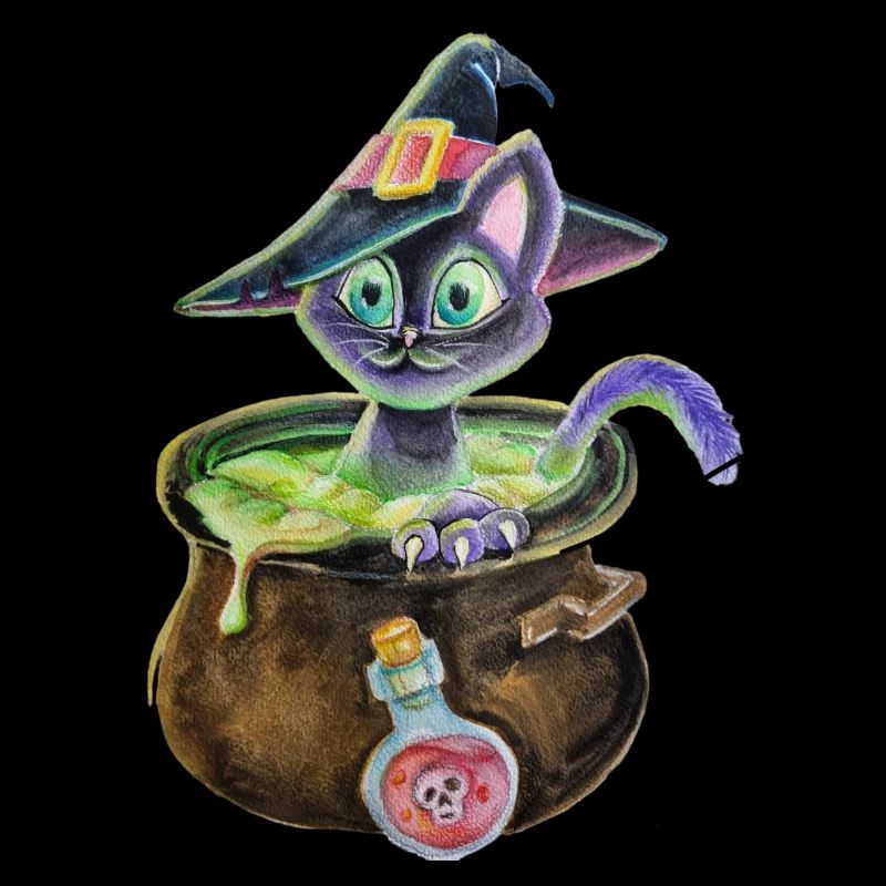 Chat sorcière dans une marmite
