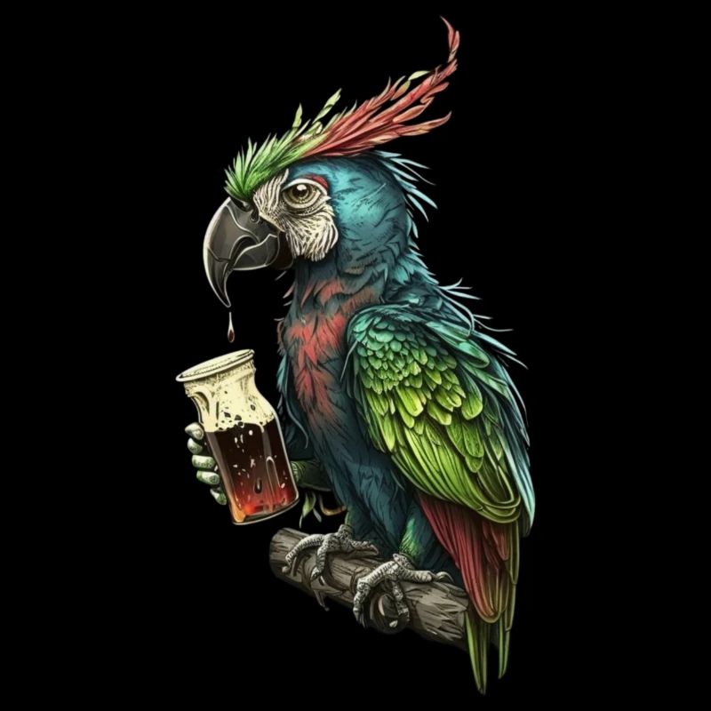 Funny beer drinker, the cool parrot
