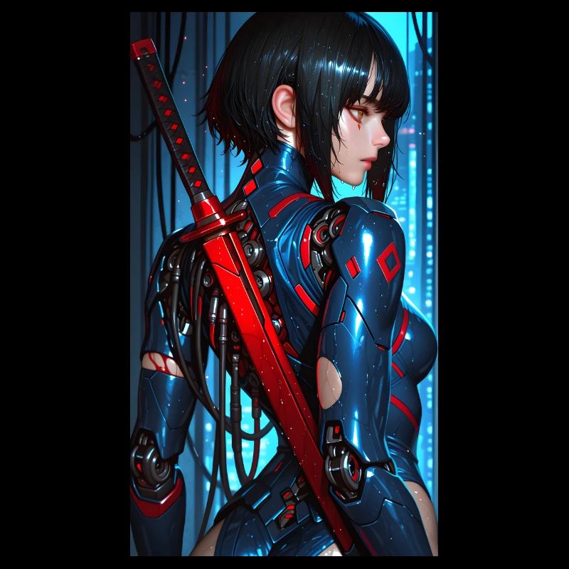 3D Blue/Red Cyberpunk Samurai Warrior with Katana