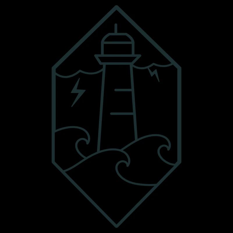 Stormy lighthouse on ocean waves with lightning