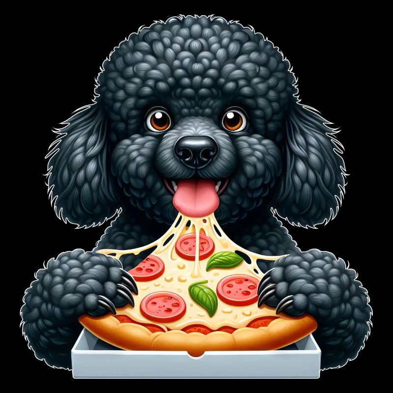 Le caniche noir aime la pizza drôle de chien