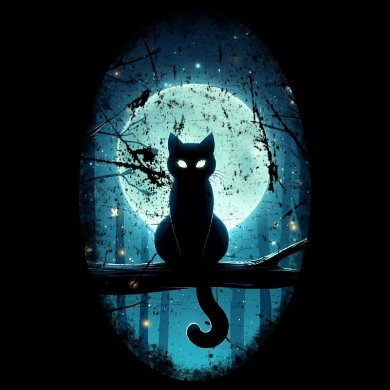 Chat noir devant la pleine lune