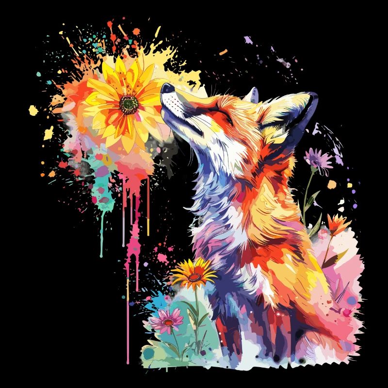 Renard avec fleur aquarelle, Fox