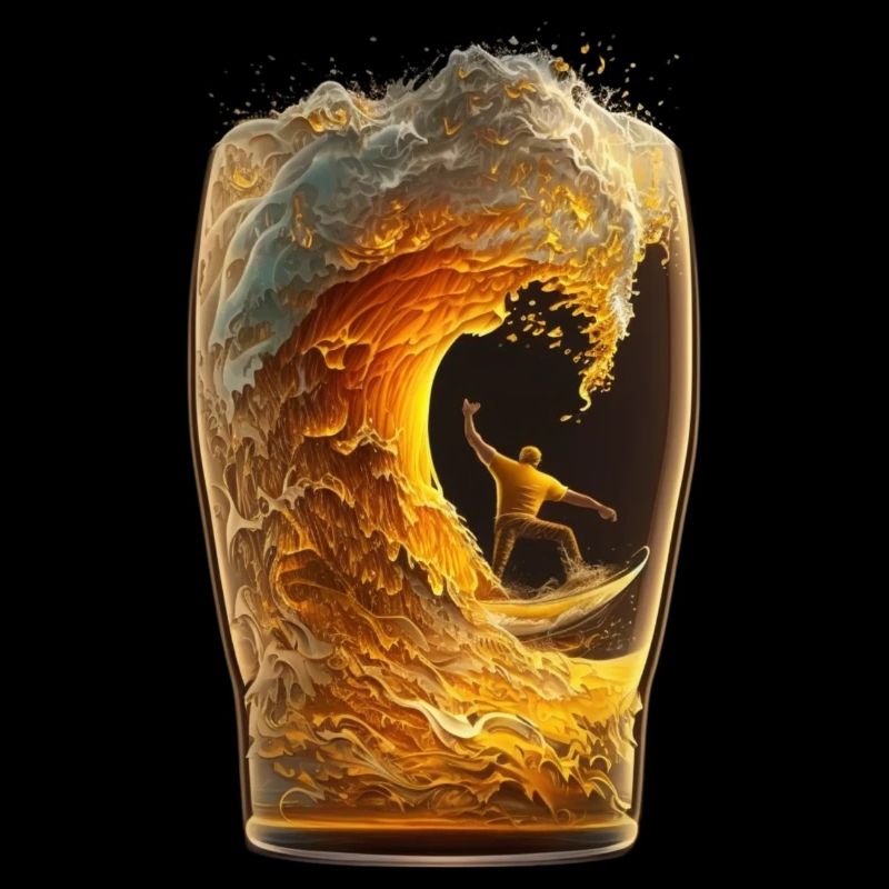 Surfer in a beer glass rides beer wave