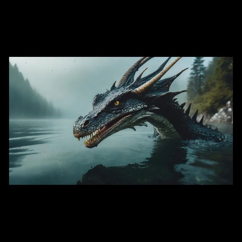 A realistic bad dark dragon in a foggy river