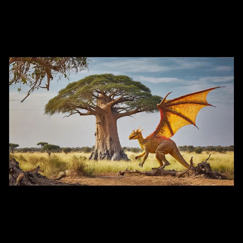 realistic orange dragon in an african desert