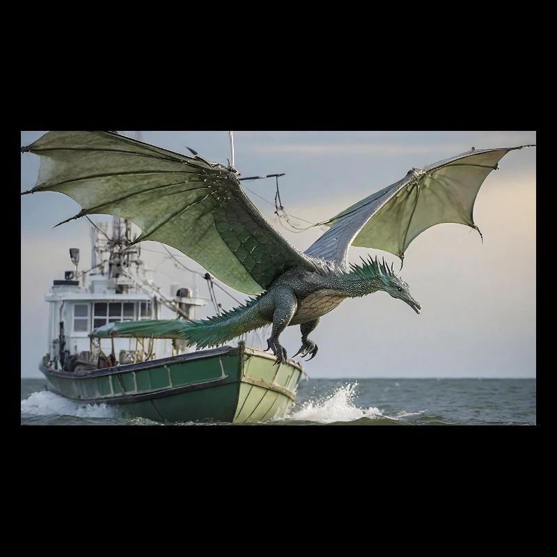 A realistic bad dark dragon is hunting fish