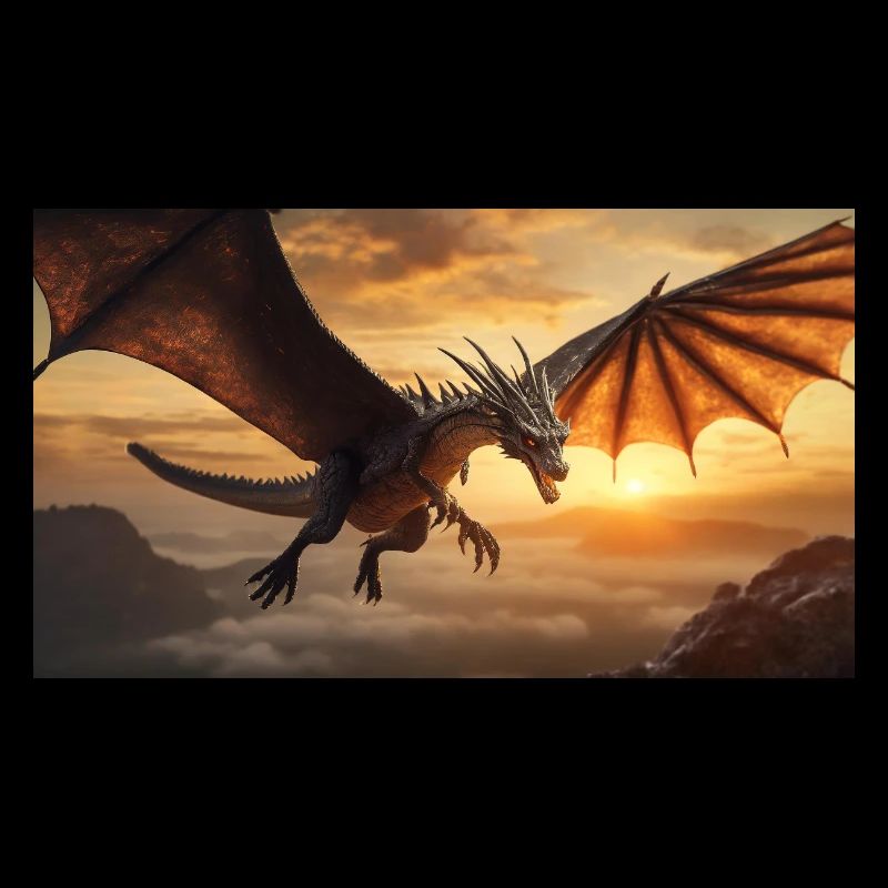 A realistic majestical dark dragon is flying