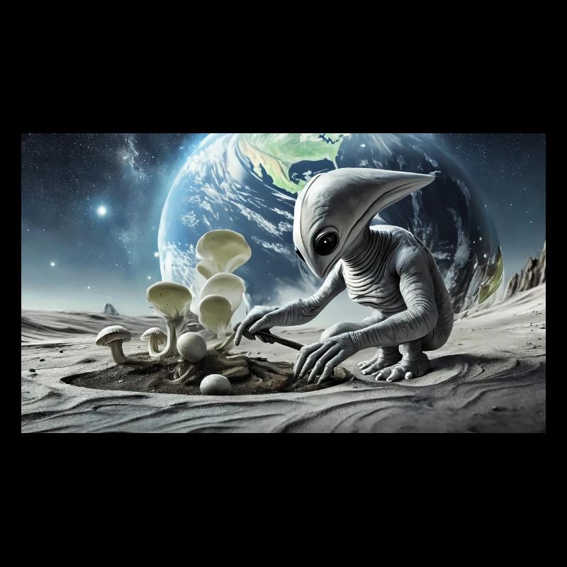 grey alien on the moon surface – collecting moon
