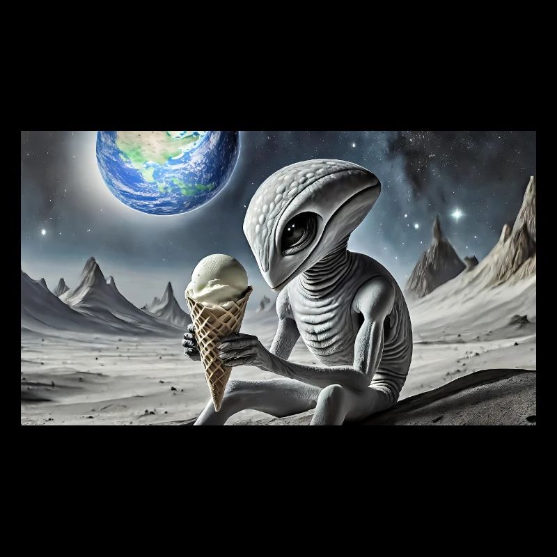 grey alien on the moon surface – eating ice cream