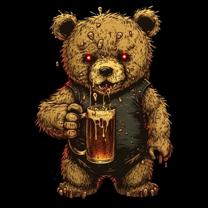 Horror Teddybär mit Bierglas und bösem Blick