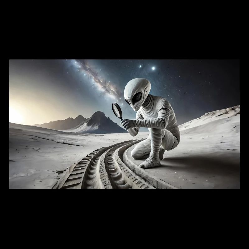 grey alien on the moon surface – observing moon