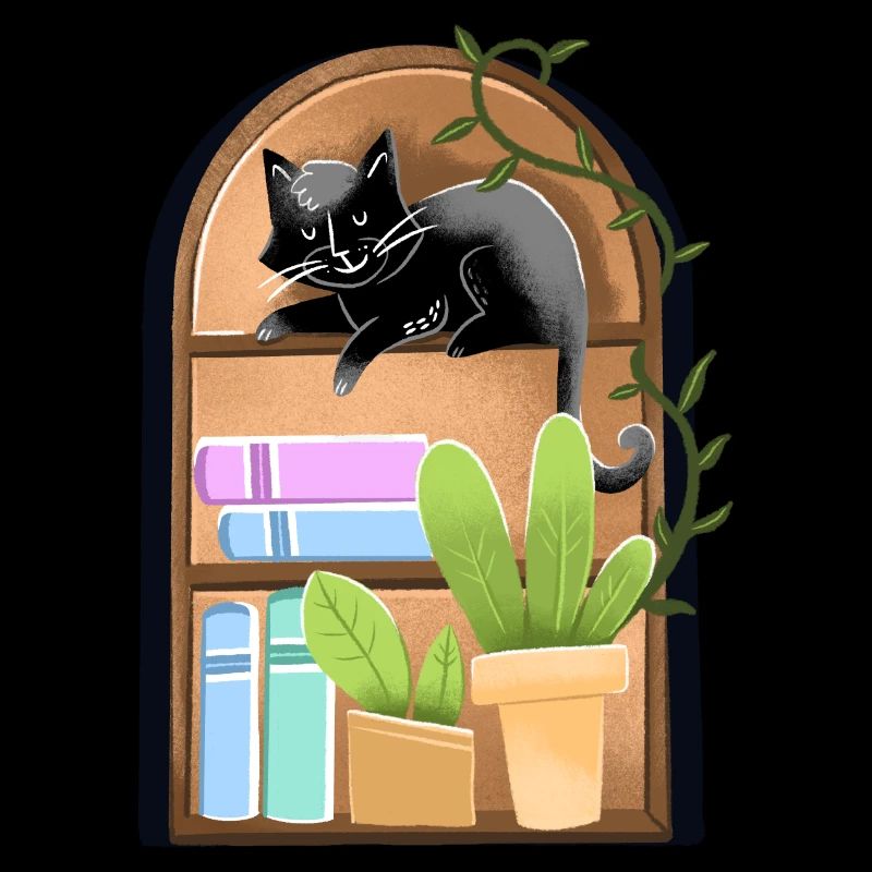 Cat on a dome shaped Bookshelf with plants
