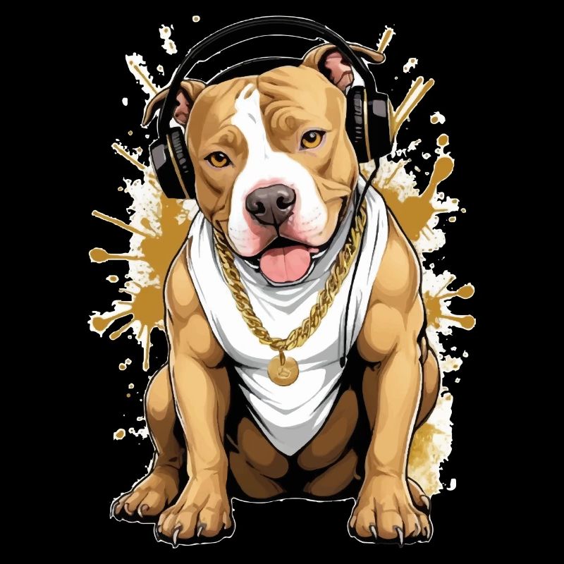 Hund Bulldogge mit Kopfhörer