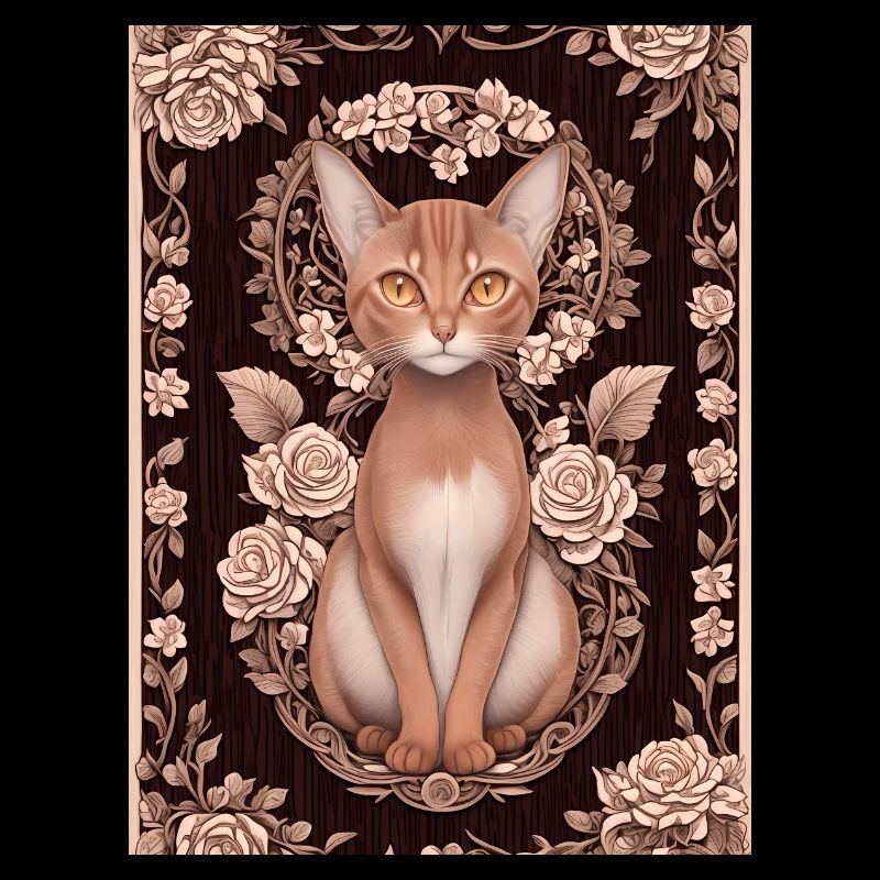 Holzschnitt einer Katze mit Rosen
