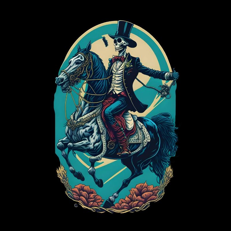 Skeleton in Suit Rides Horse Cool Comic Cartoon