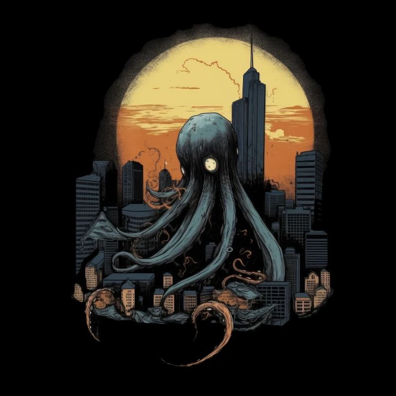 Giant Octopus Squid atacking the city on a sunset