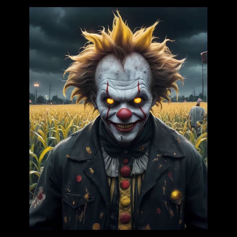 clown maléfique devant un monstre de champ de maïs sombre