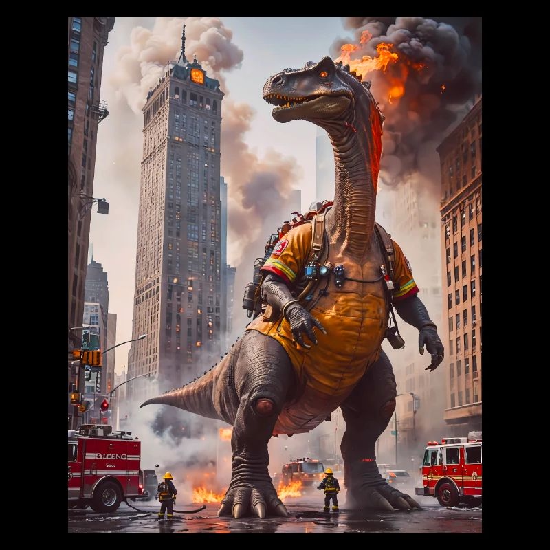 Dinos living working as a fire fighter