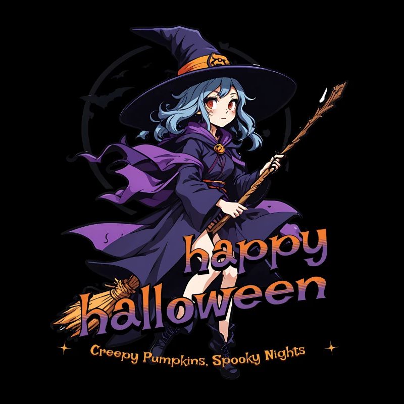 Cute witch with broom and bats