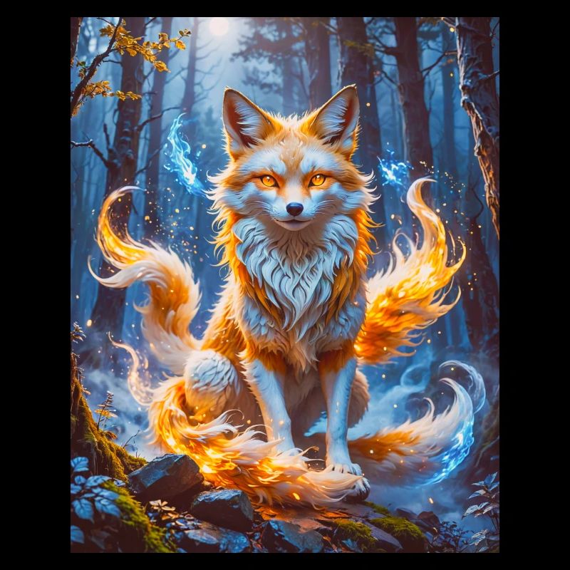 Elegant multi-tailed Kitsune with glowing foxfire