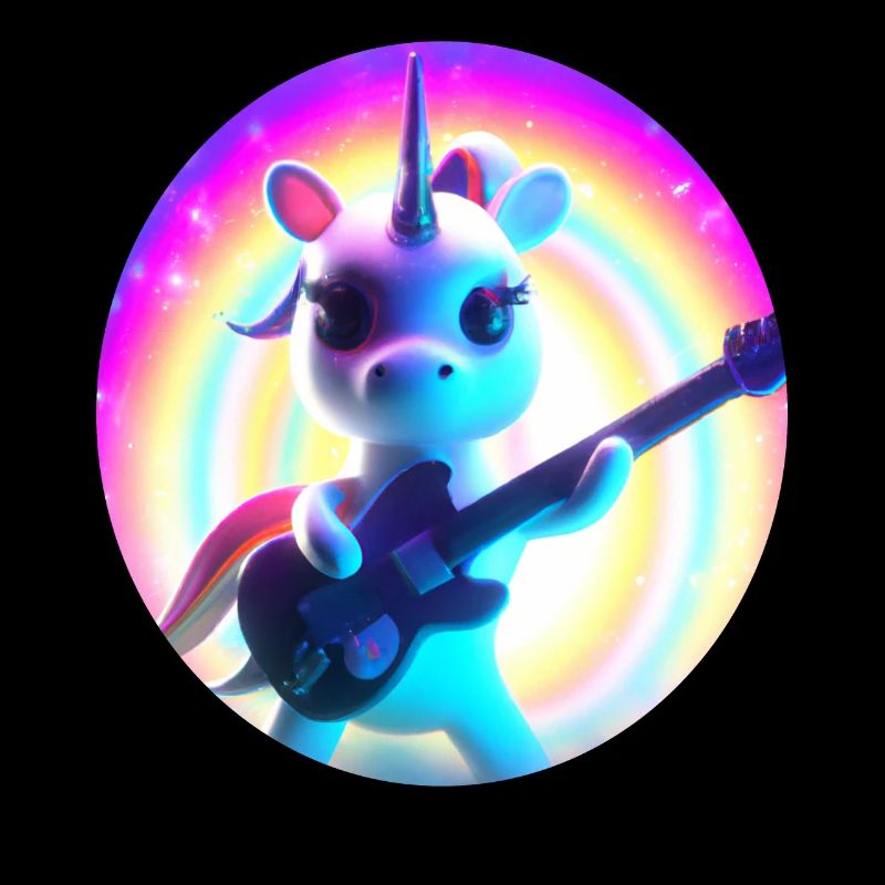 Ein lustiges Einhorn mit E-Gitarre und Regenbogen