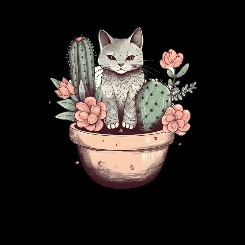 Chat en pot de fleurs avec cactus et fleurs