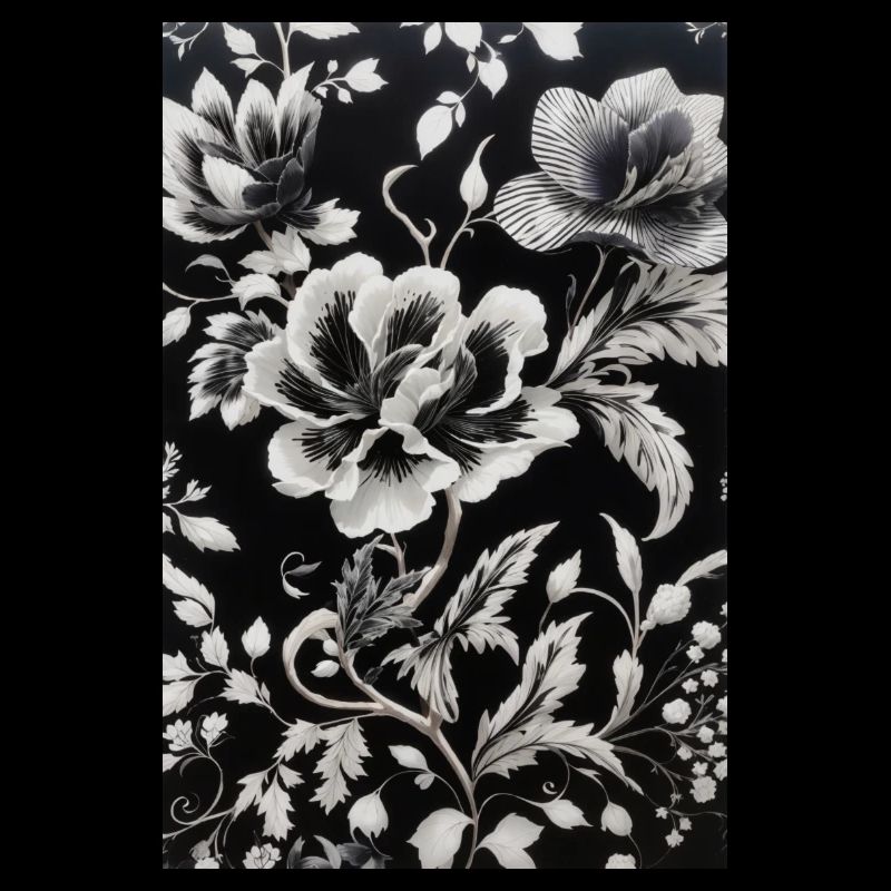 white floral pattern on a black background.