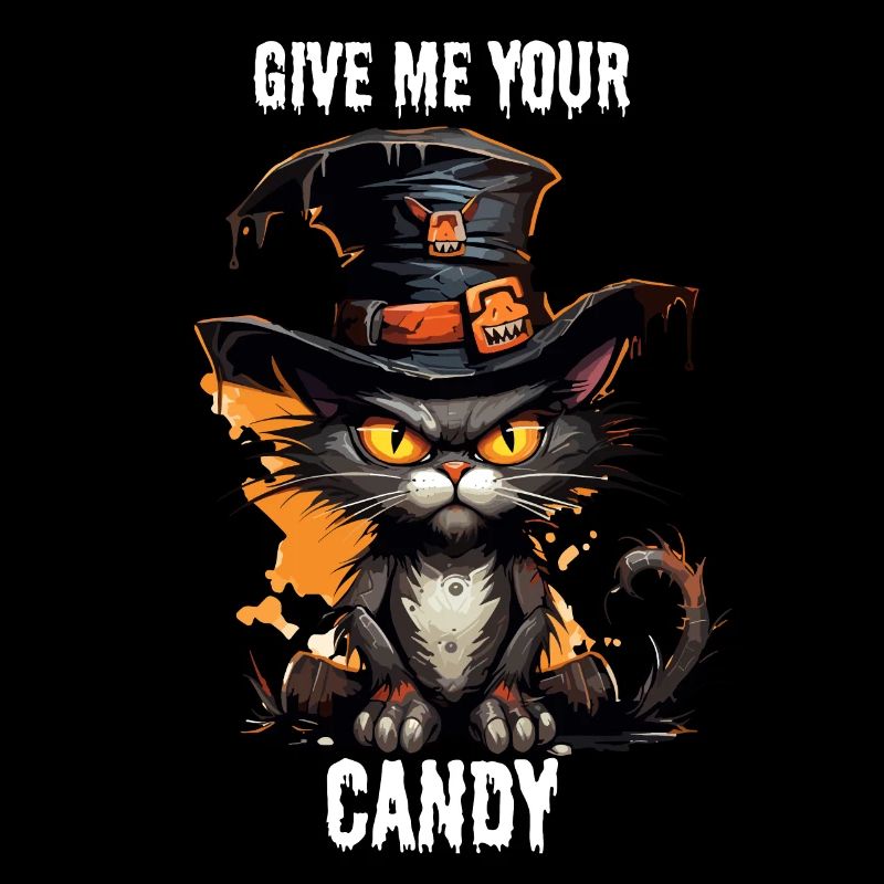 Black Cat With Witch Hat Wants Halloween Candy