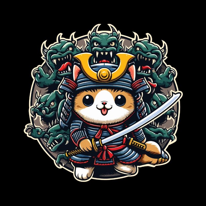 Samurai ninja cat and Monster behind