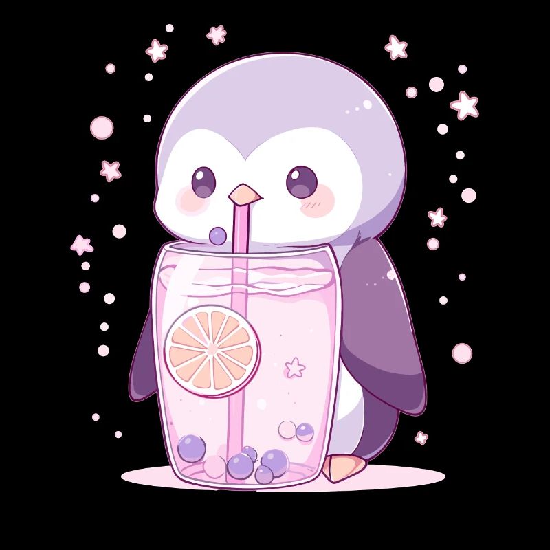 Kawaii Pingouin boit Boba Bubble Tea Chibi