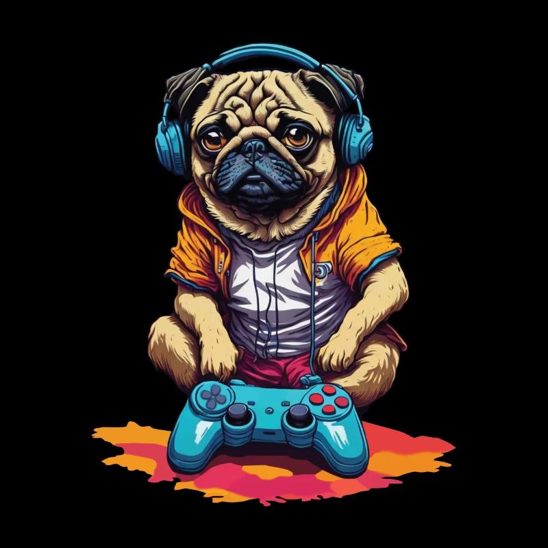 Funny Nerd Gaming Pug Dog with Controller