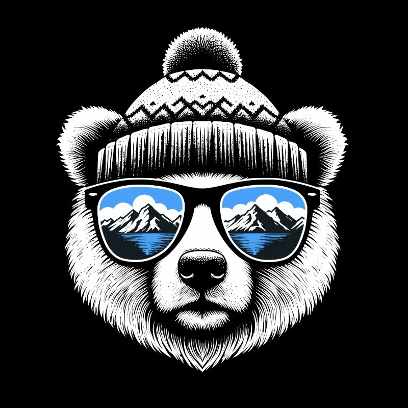 Polar bear with knitted hat loves skiing and snowboarding