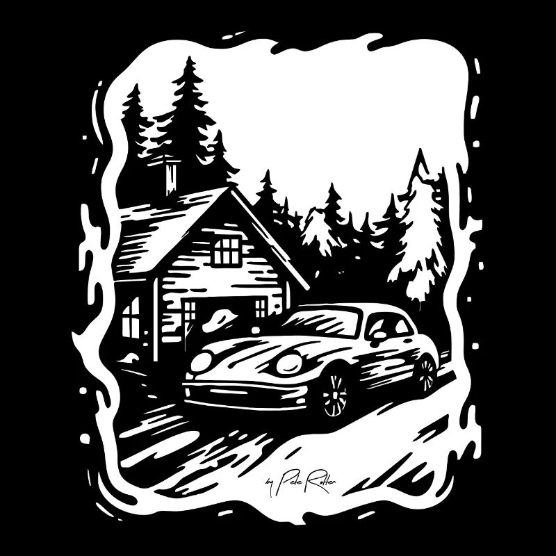 Haus oder Hütte im Wald mit Auto