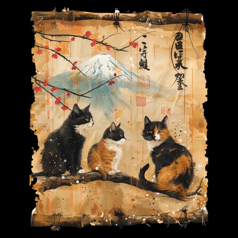 Mt. Fuji Kitten Papyrus Scroll Retro