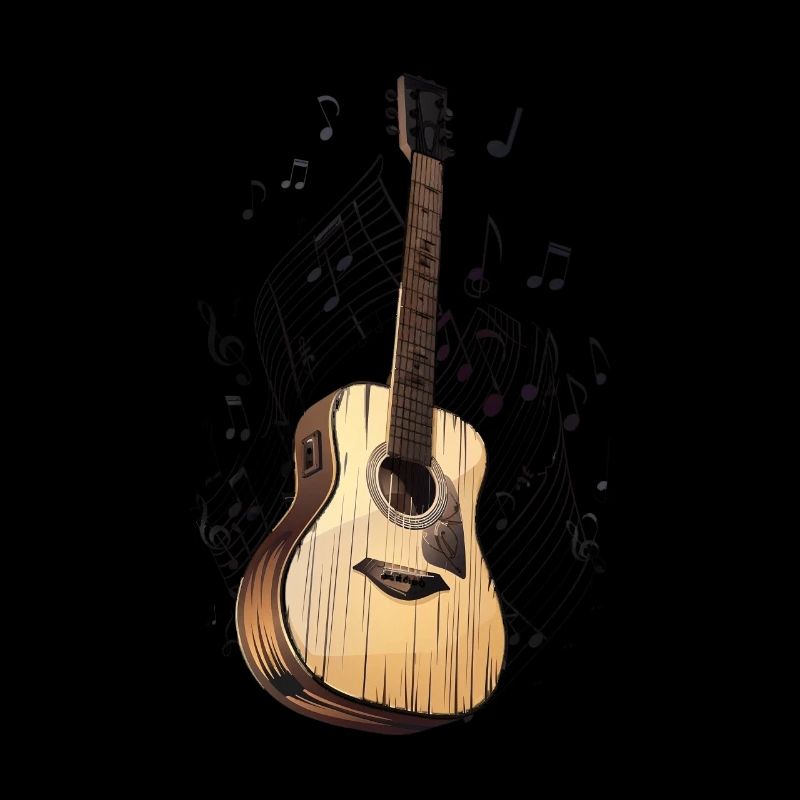 Stylized Acoustic Guitar Surrounded by Musical Notes