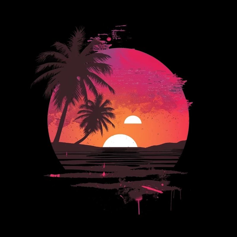 Ocean Palm Trees Vintage Retro Sunset