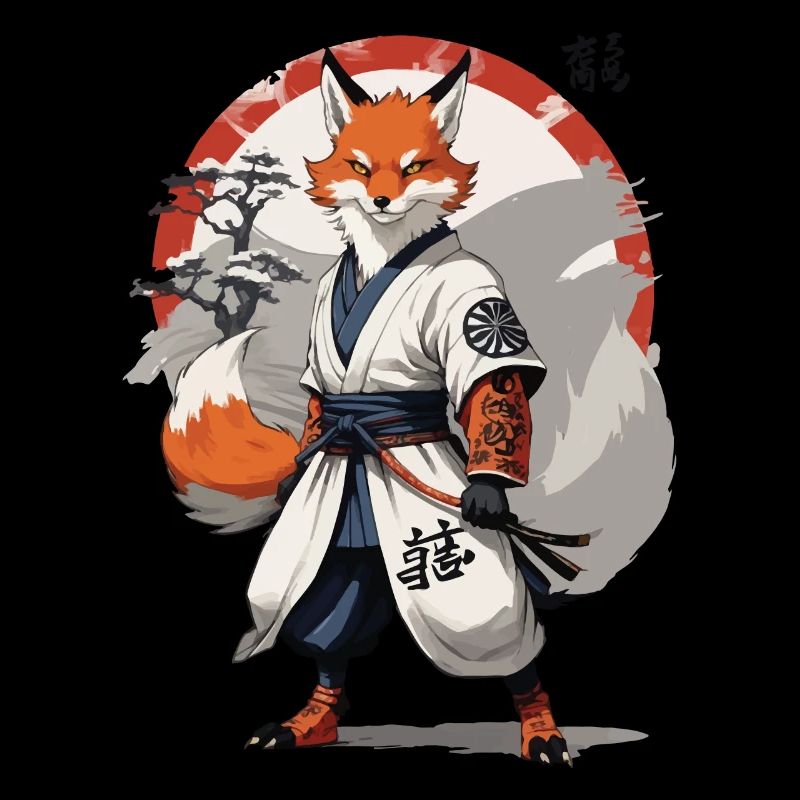 Kitsune Samurai Fuchs Vintage Ukiyo-e Stil