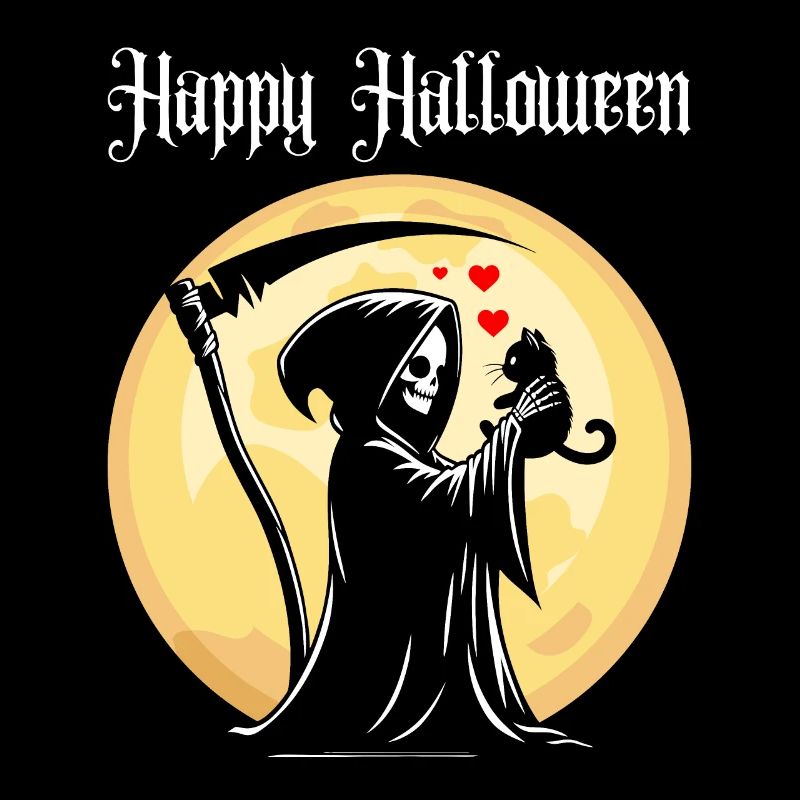 Happy Halloween Grim Reaper Cat Cute Full Moon