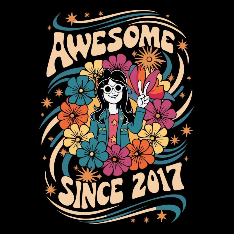Vintage, 2017, Hippie, Anniversaire, Rétro, Fleurs