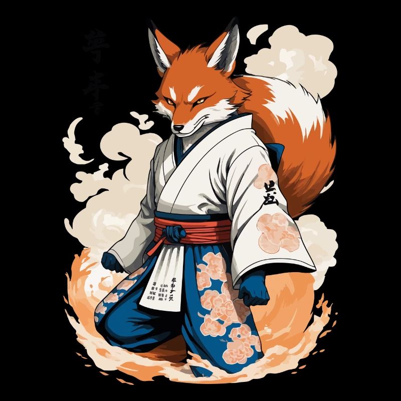 Kitsune Samouraï Renard Vintage Ukiyo-e Style