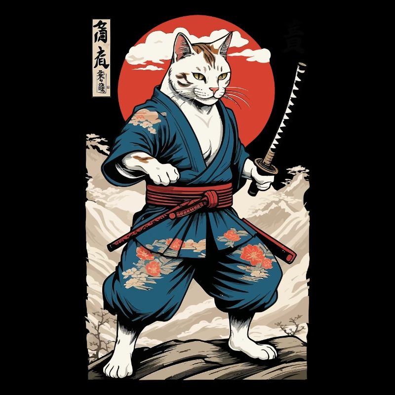 Chat Samouraï Vintage Ukiyo-E Esthétique Style Japon