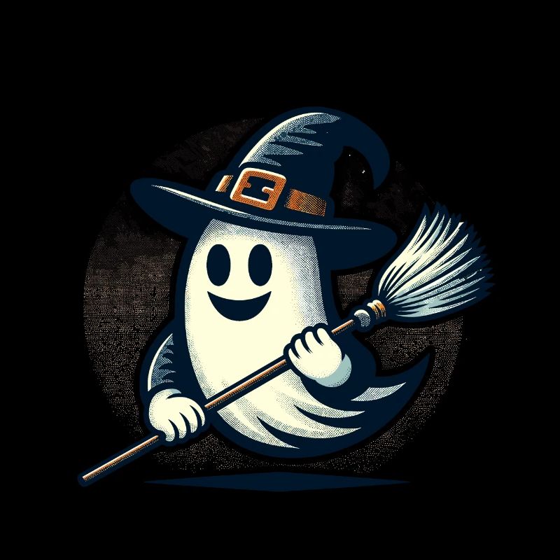 funny Halloween witch ghost with witch broom