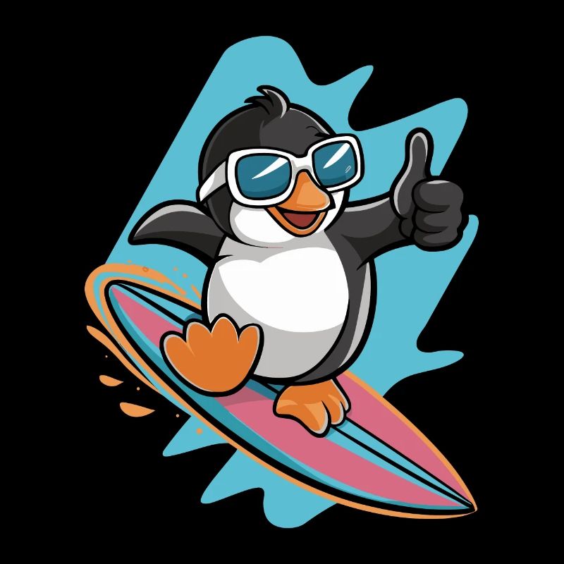 pingouin drôle sur une planche de surf avec des lunettes de soleil
